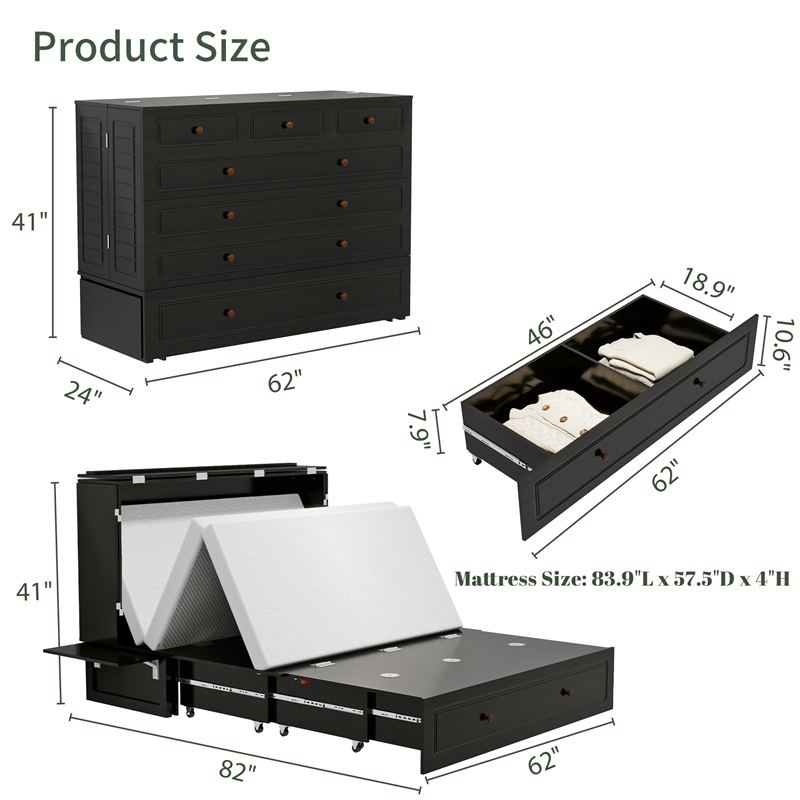 Livelylodge Wood Cabinet Murphy Bed Storage Space Drawer for Guest Room Black