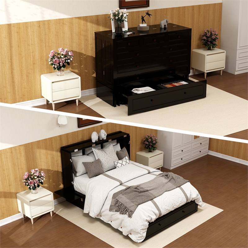 Livelylodge Wood Cabinet Murphy Bed Storage Space Drawer for Guest Room Black