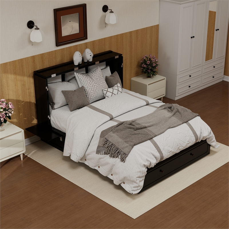 Livelylodge Wood Cabinet Murphy Bed Storage Space Drawer for Guest Room Black