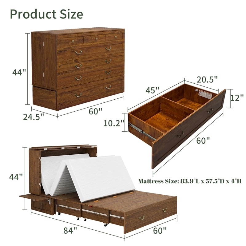 Livelylodge Wood Murphy Cabinet Bed with Drawers SpaceSaving Antique Brass Color