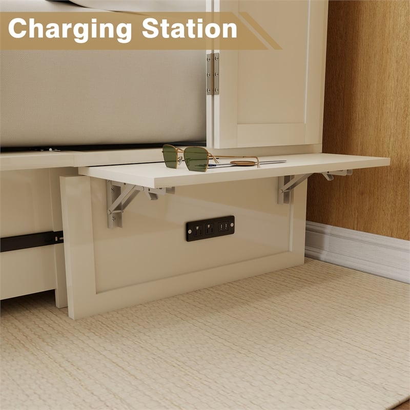 Livelylodge Solid Wood Murphy Bed with Drawers 2 USB&Charging Ports White Color