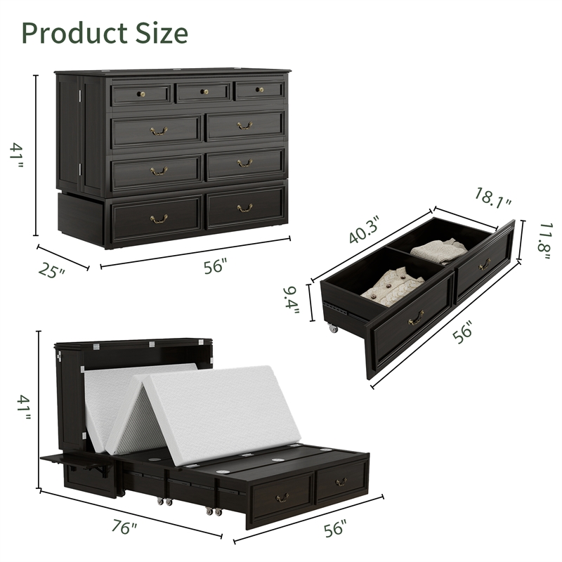 Livelylodge Solid Wood Murphy Bed with 2 USB&Charging Ports Brownish Black Color