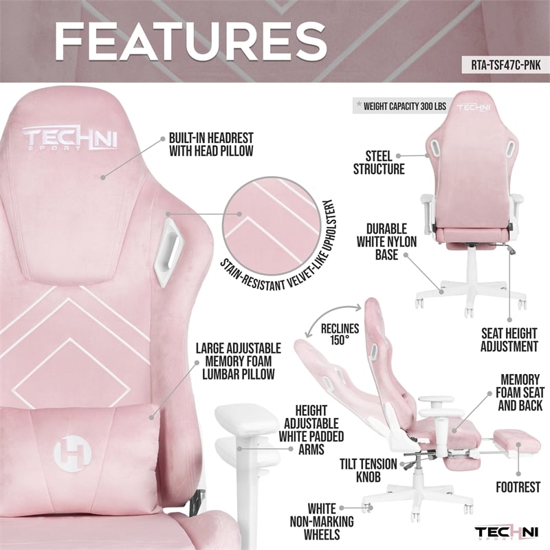 Techni Sport - Velvet Gaming Chair with Footrest - Pink