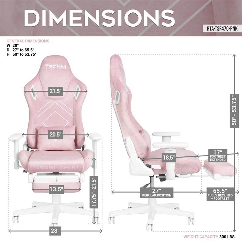 Techni Sport - Velvet Gaming Chair with Footrest - Pink