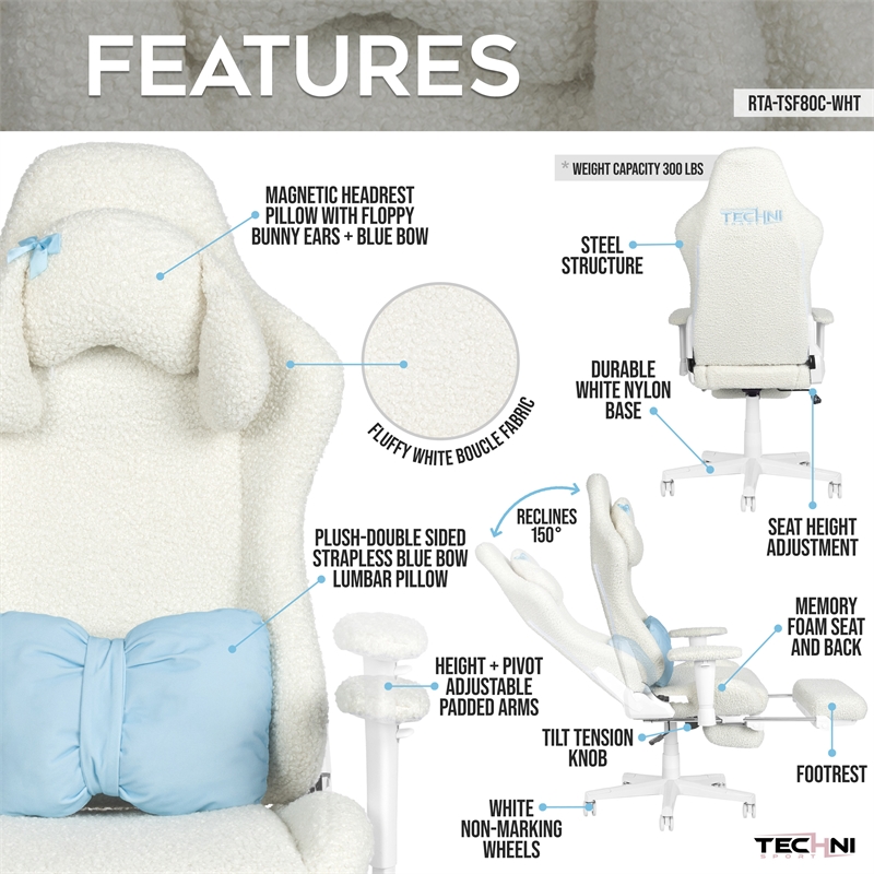 Techni Sport - White Fuzzy Bunny Gaming Chair with Footrest
