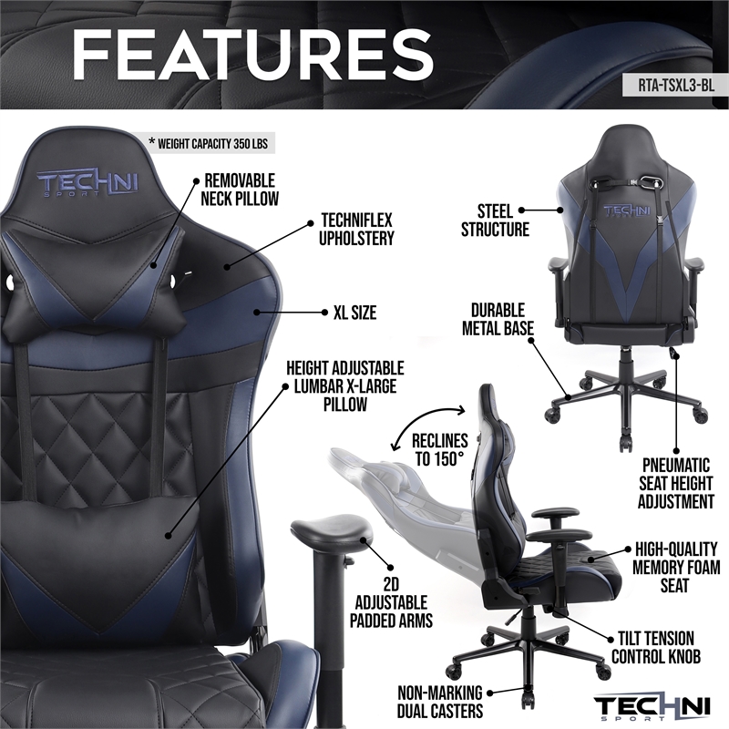 Techni Sport XL Ergonomic Gaming Chair Blue