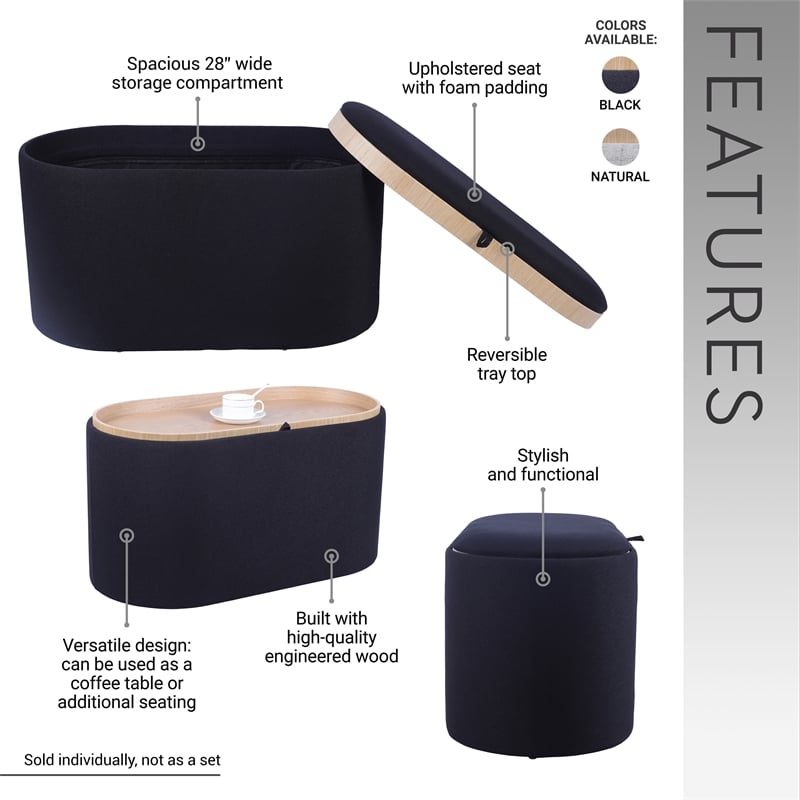 Storage Ottoman with Reversible Wooden Tray Top - Black