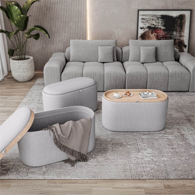 Storage Ottoman with Reversible Wooden Tray Top - Natural