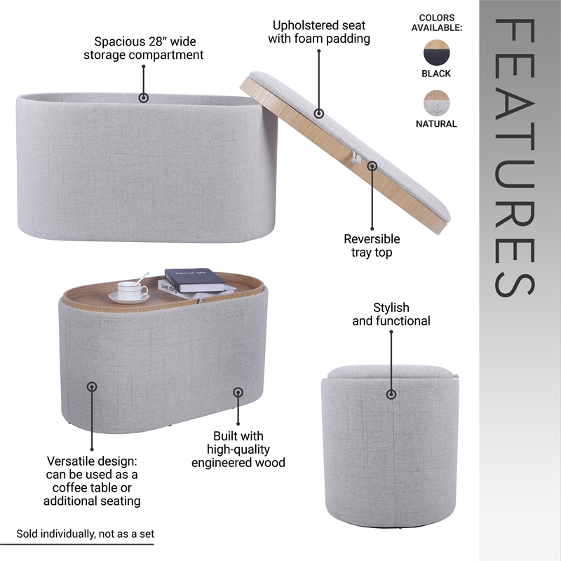 Storage Ottoman with Reversible Wooden Tray Top - Natural