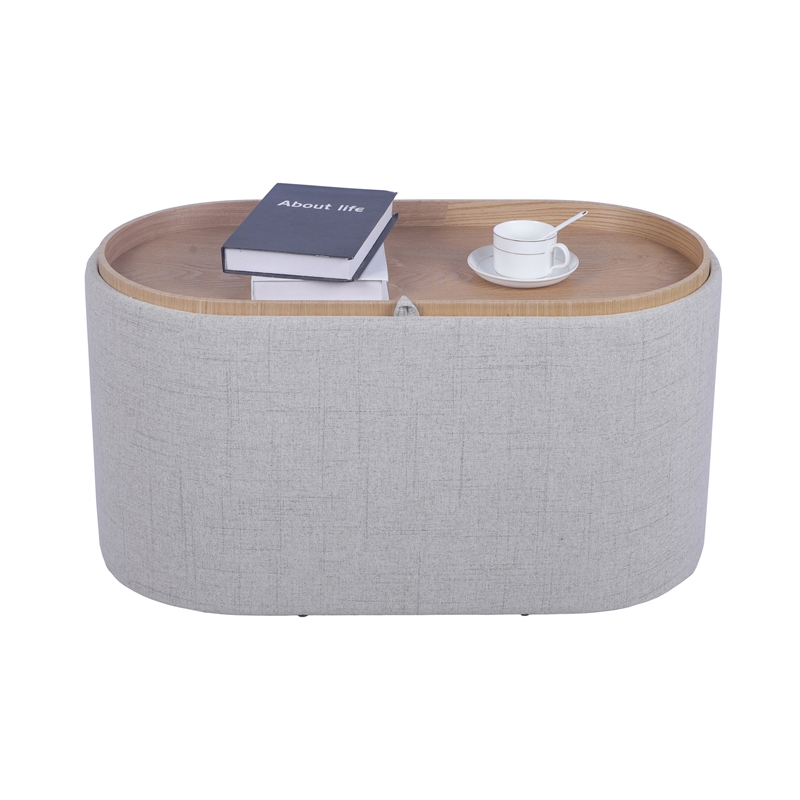 Storage Ottoman with Reversible Wooden Tray Top - Natural