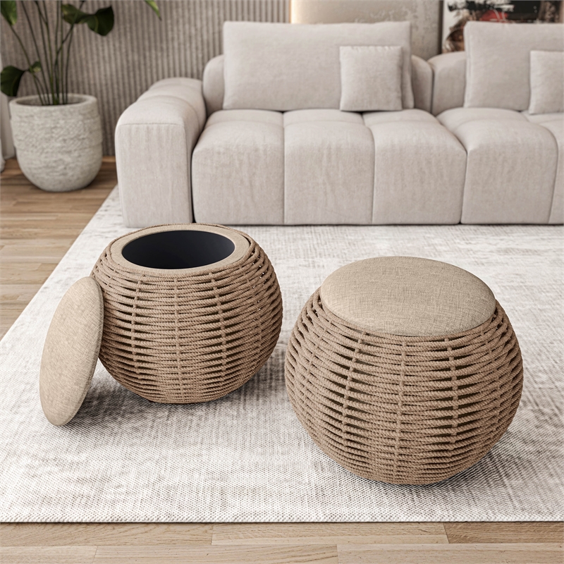 Natural Woven Ottoman with Storage - Brown