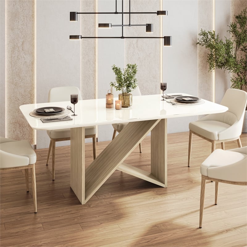 6 Seater Italian-Style Dining Table with Painted Glass Top - Natural & Oak