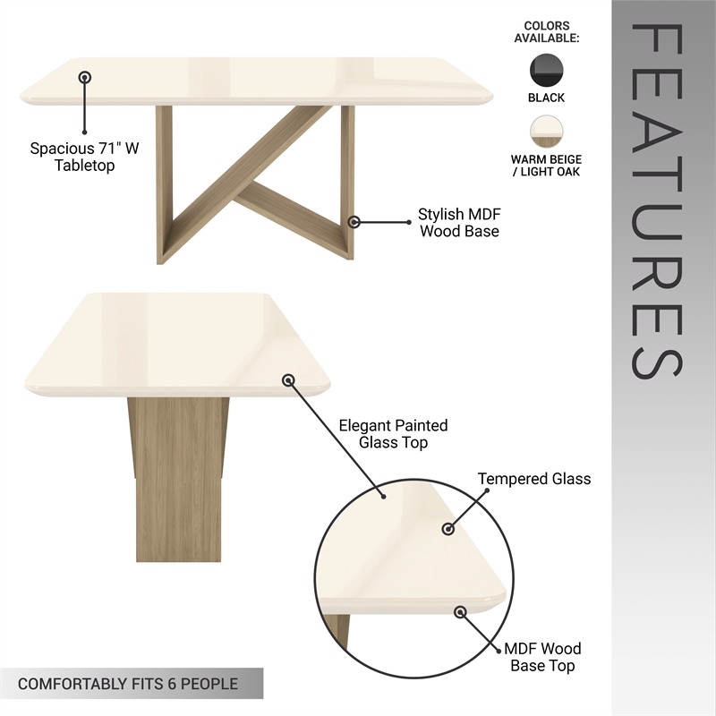6 Seater Italian-Style Dining Table with Painted Glass Top - Natural & Oak