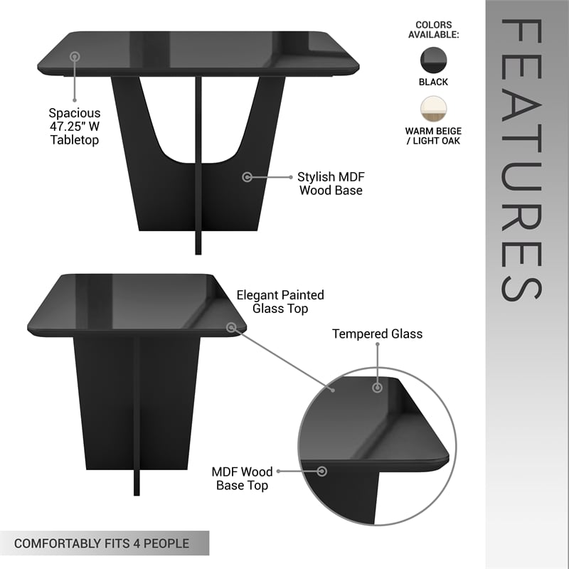 Compact 4 Seater Italian Dining Table with Painted Glass Top - Black