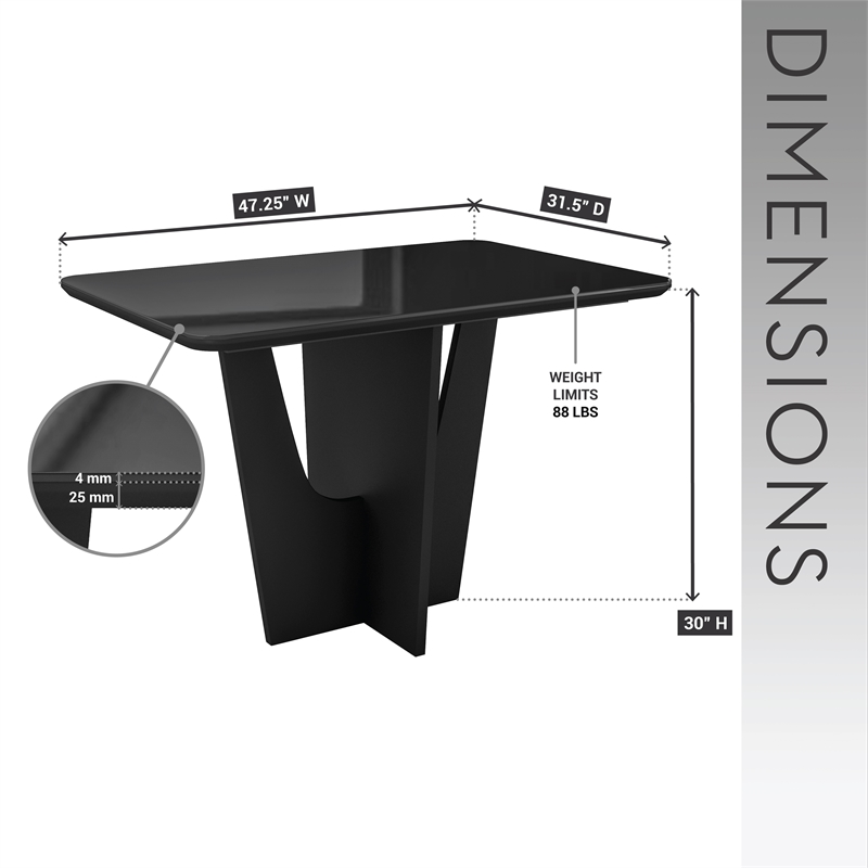 Compact 4 Seater Italian Dining Table with Painted Glass Top - Black