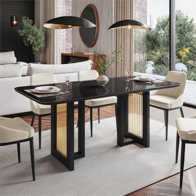 Modern 6 Seater Dining Table with Gold Accents - Black & Gold