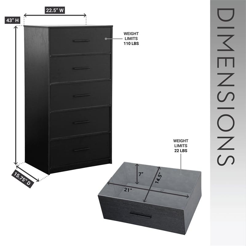 5-Drawer Dresser with Large Fabric Drawers - Black