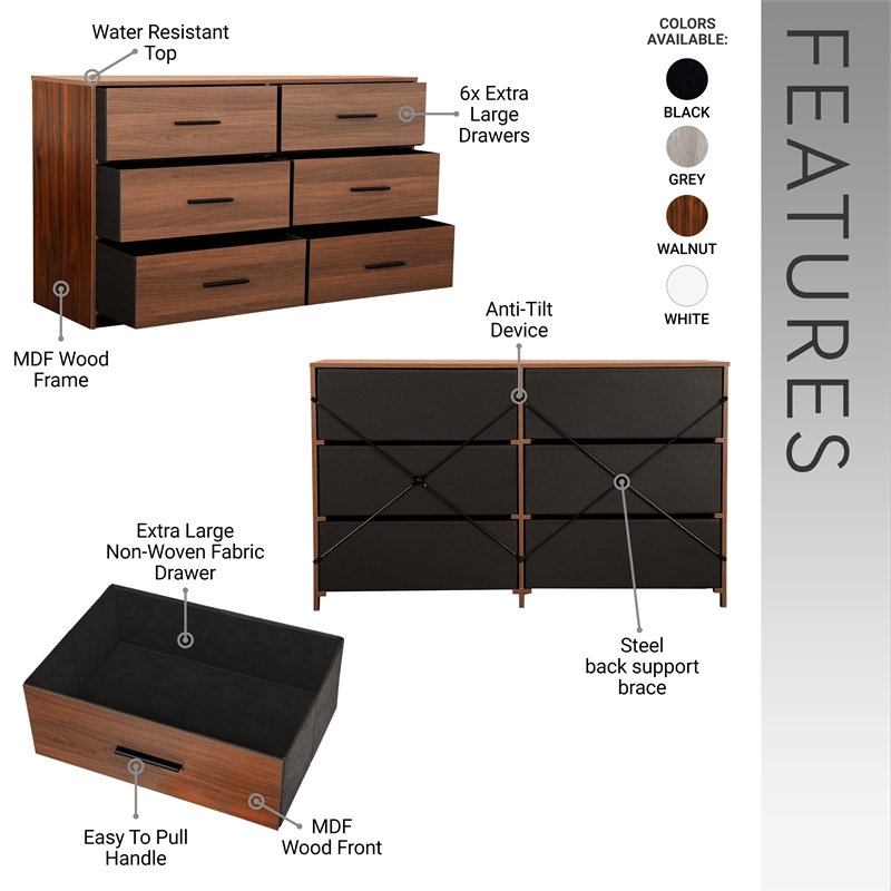6-Drawer Dresser with Large Fabric Drawers - Walnut