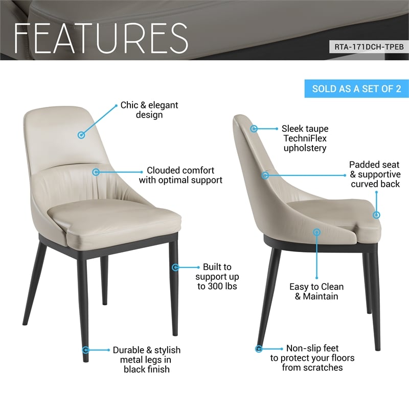 Techni Home Armless Taupe Dining Chairs with Black Legs - Set of 2