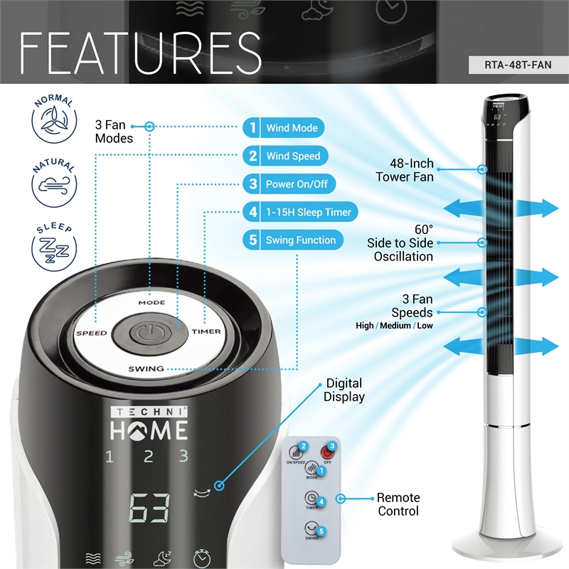 Techni Home 48in. Tower Fan with Remote and LED Display