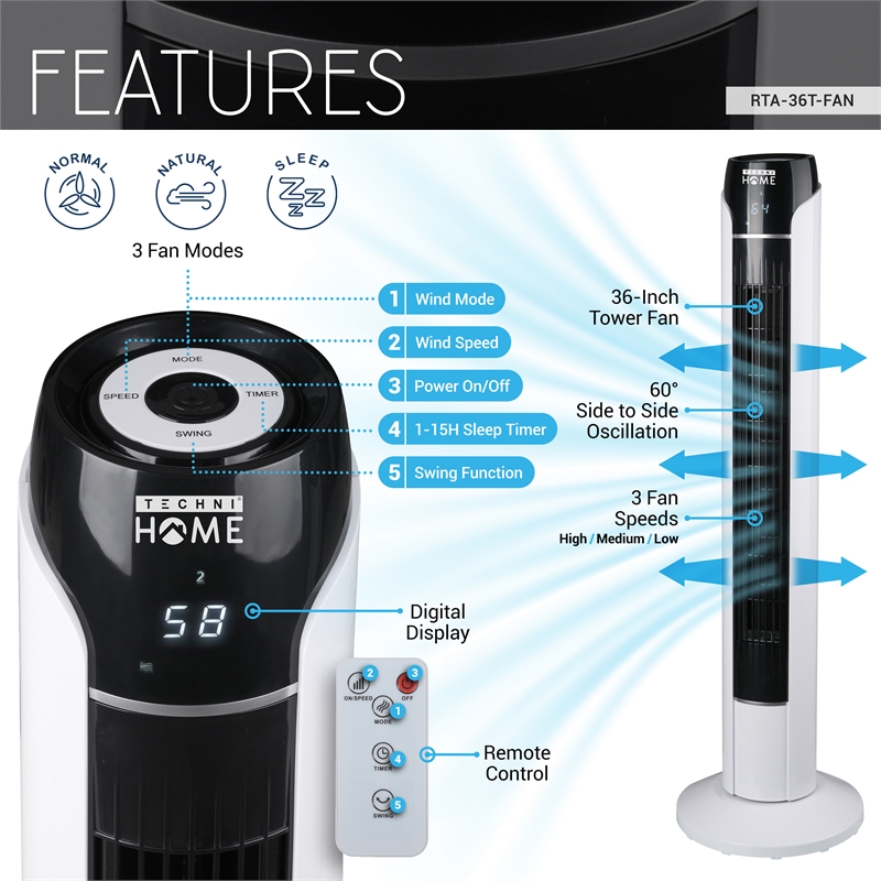 Techni Home 36in. Tower Fan with Remote and LED Display