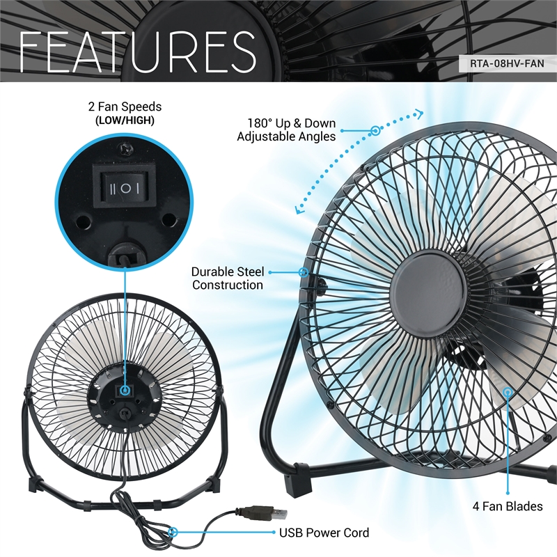 Techni Home 8in. High Velocity 2-Speed USB Powered Portable Fan