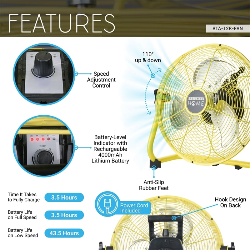 Techni Home 12in. Rechargeable Battery-Operated High Velocity Fan