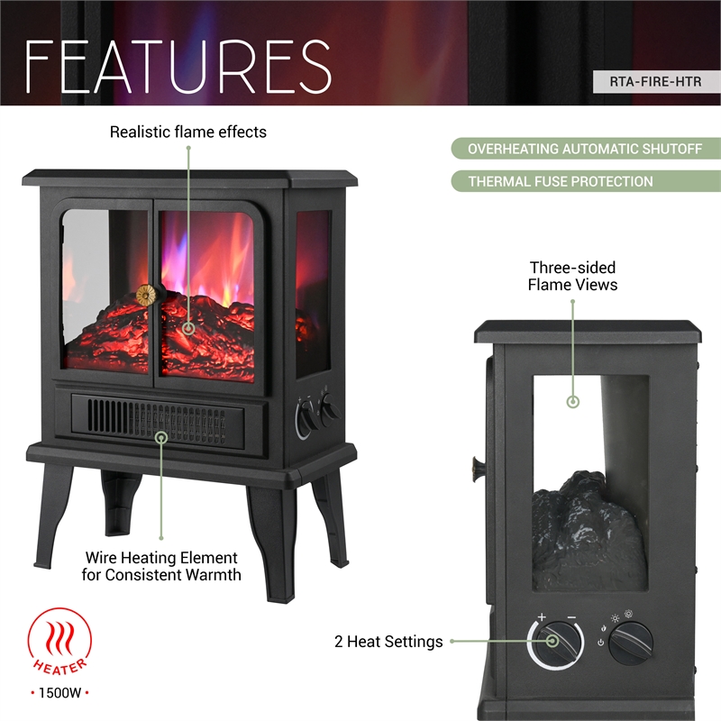 Techni Home 1500W Freestanding Electric Fireplace Heater with Flames
