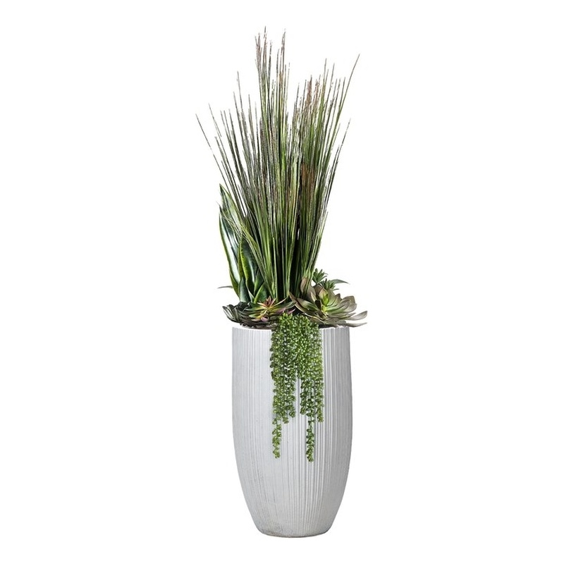 Onion Grass and Mixed Succulents in White Nell Planter