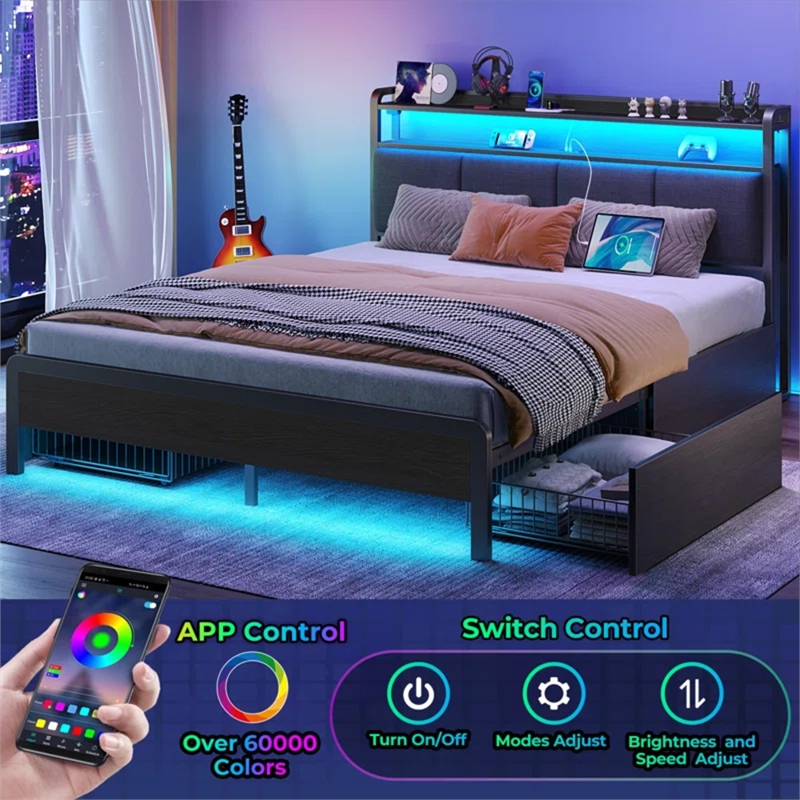 Noya Queen LED Bed with built in charging station and storage in Black
