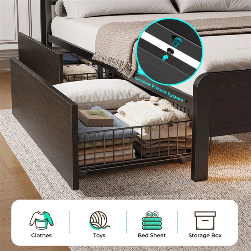Noya Full Solid Wood LED Bed with built in charging station and storage in Black