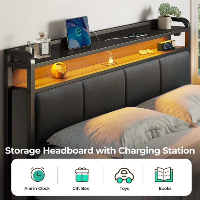 Noya Full Solid Wood LED Bed with built in charging station and storage in Black