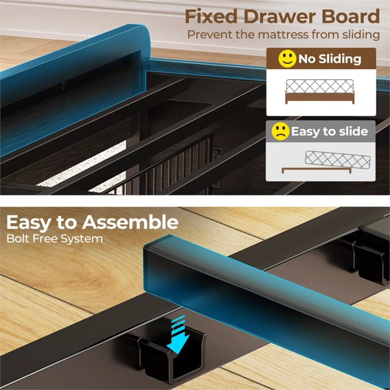 Noya Full Solid Wood LED Bed with built in charging station and storage in Black