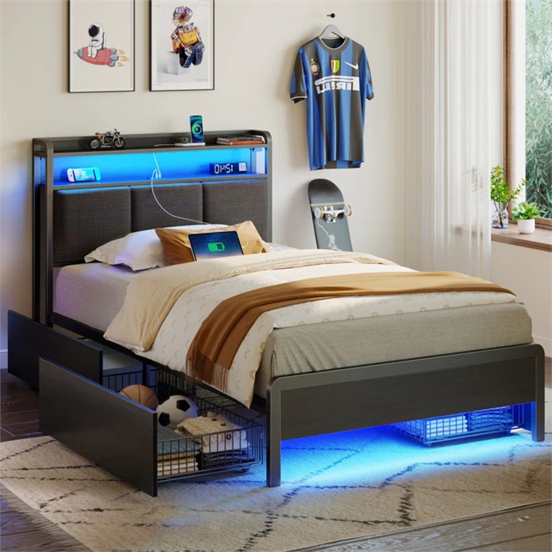 Noya Full Solid Wood LED Bed with built in charging station and storage in Black