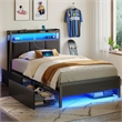 Noya Full Solid Wood LED Bed with built in charging station and storage in Black
