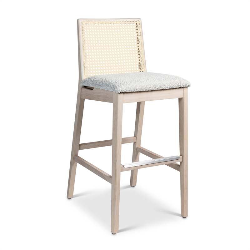 Urbia Modern Brazilian Nardia Cane Bar Stool in Boucle Glaze Seat Nevoa Frame