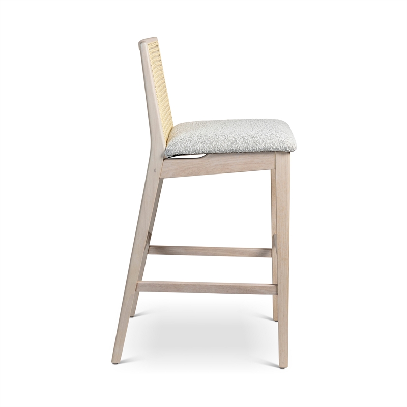 Urbia Modern Brazilian Nardia Cane Bar Stool in Boucle Glaze Seat Nevoa Frame