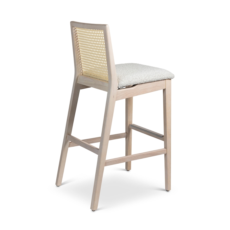 Urbia Modern Brazilian Nardia Cane Bar Stool in Boucle Glaze Seat Nevoa Frame