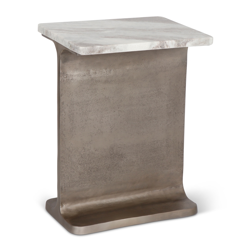 Urbia Marbelle I-Beam Marble Side Table in Toronto Sand/Antique Nickel Finish