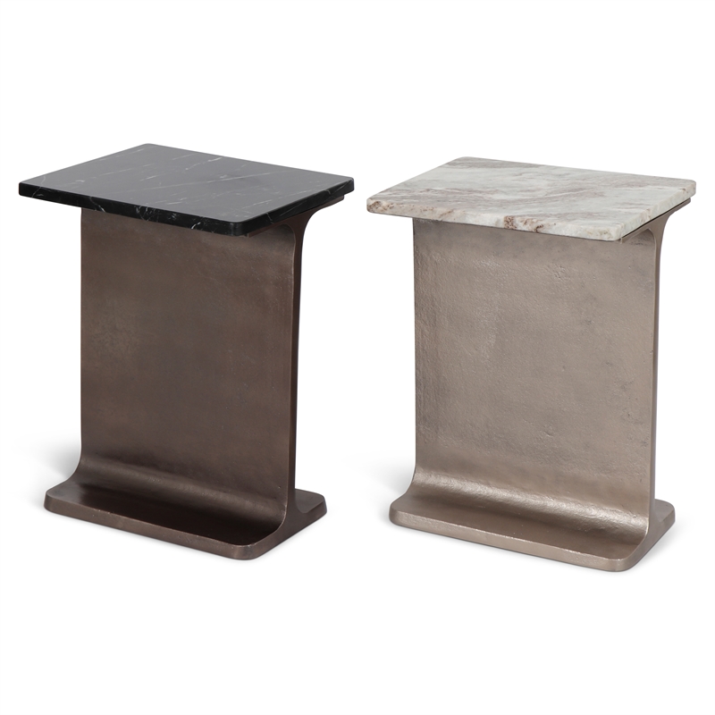 Urbia Marbelle I-Beam Marble Side Table in Toronto Sand/Antique Nickel Finish