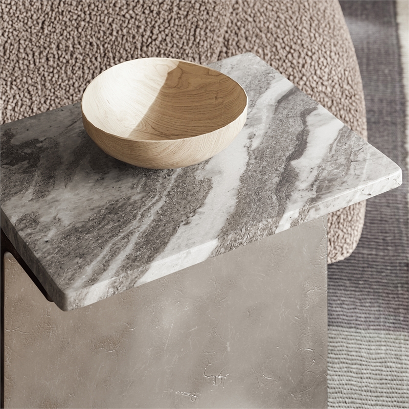 Urbia Marbelle I-Beam Marble Side Table in Toronto Sand/Antique Nickel Finish