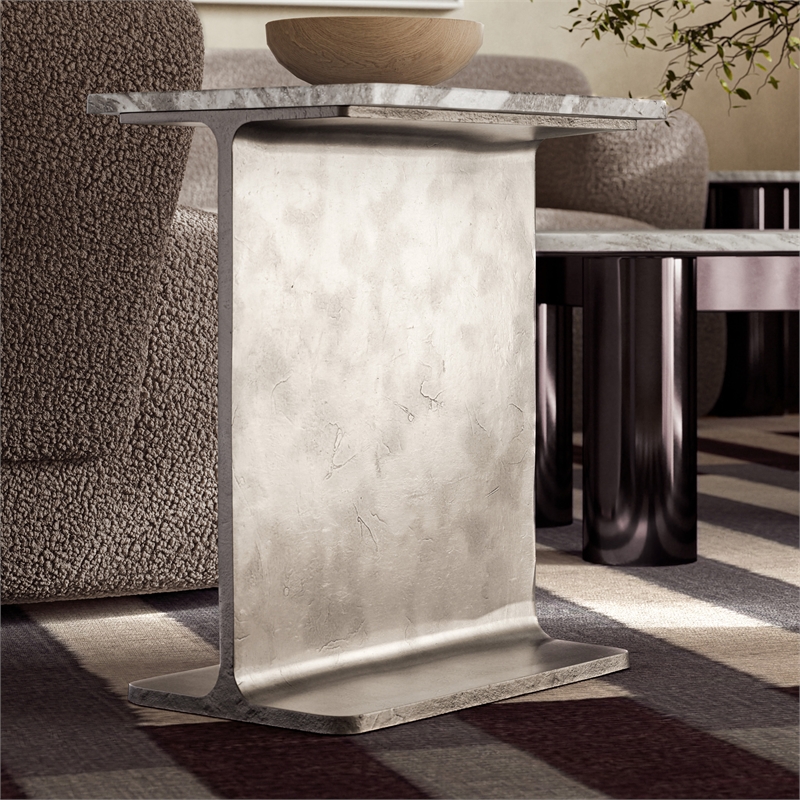 Urbia Marbelle I-Beam Marble Side Table in Toronto Sand/Antique Nickel Finish