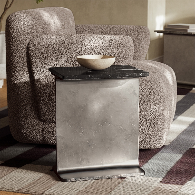 Urbia Marbelle I-Beam Marble Side Table in Fantasy Black/Bronze Finish