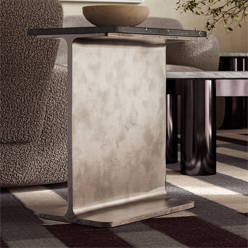 Urbia Marbelle I-Beam Marble Side Table in Fantasy Black/Bronze Finish