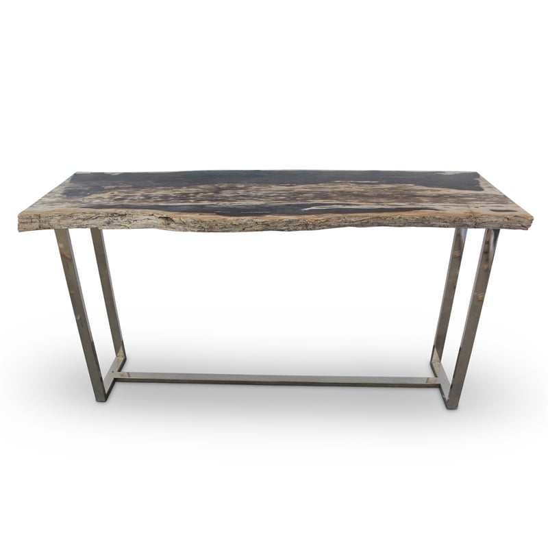 Urbia Relique Raw Console in Polished Stainless Steel Frame Natural Dark Top