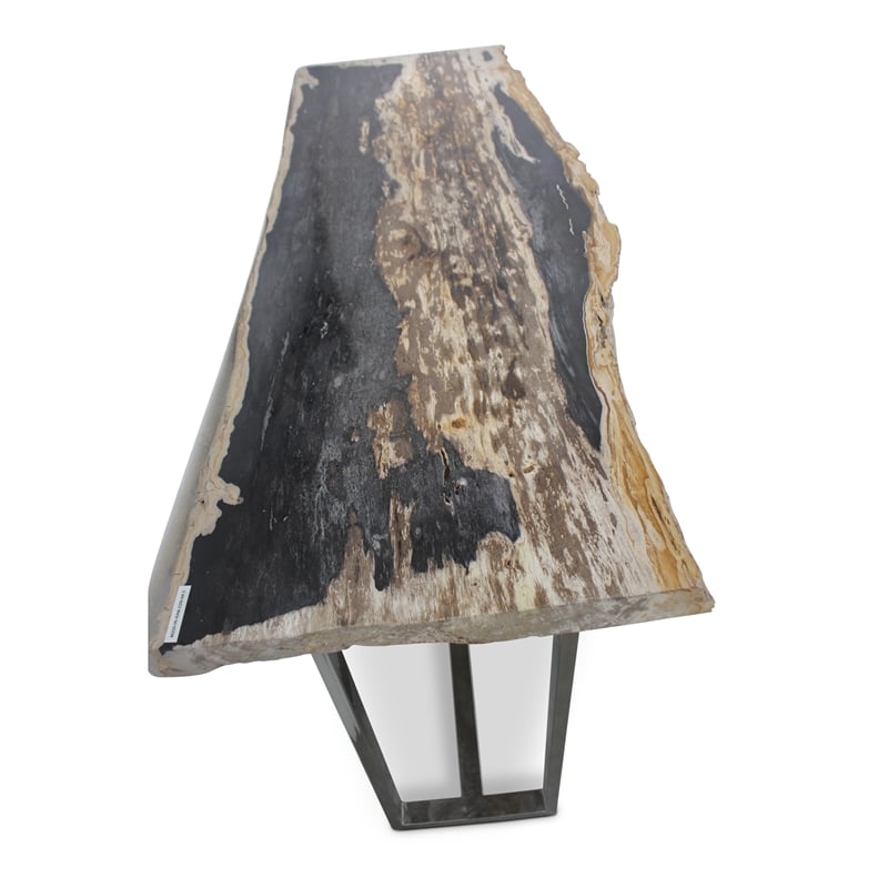 Urbia Relique Raw Console in Polished Stainless Steel Frame Natural Dark Top