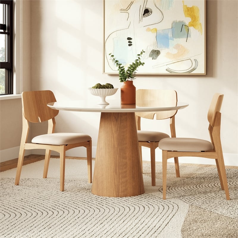 Urbia Modern Brazilian Mona Glass Top Round Dining Table in Branco/Damasco