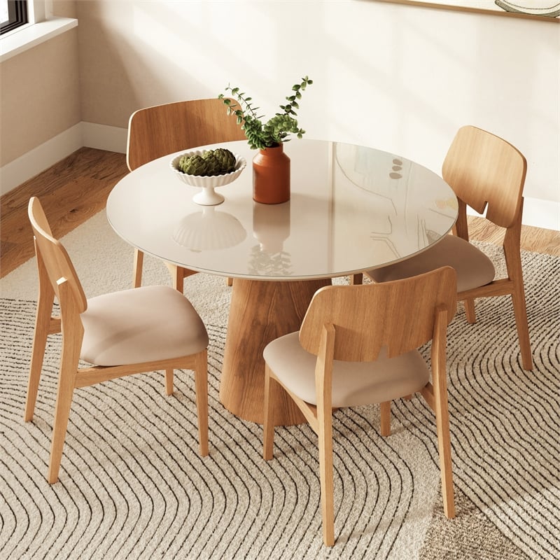 Urbia Modern Brazilian Mona Glass Top Round Dining Table in Branco/Damasco