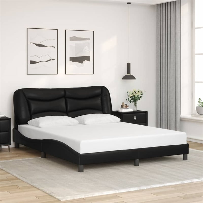 vidaXL Engineered Wood Faux Leather Queen Bed Frame in Black