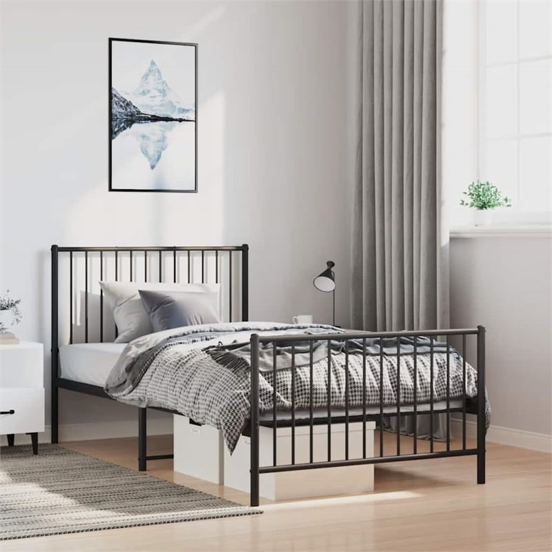 vidaXL Powder-Coated Steel Single Bed Frame in Black